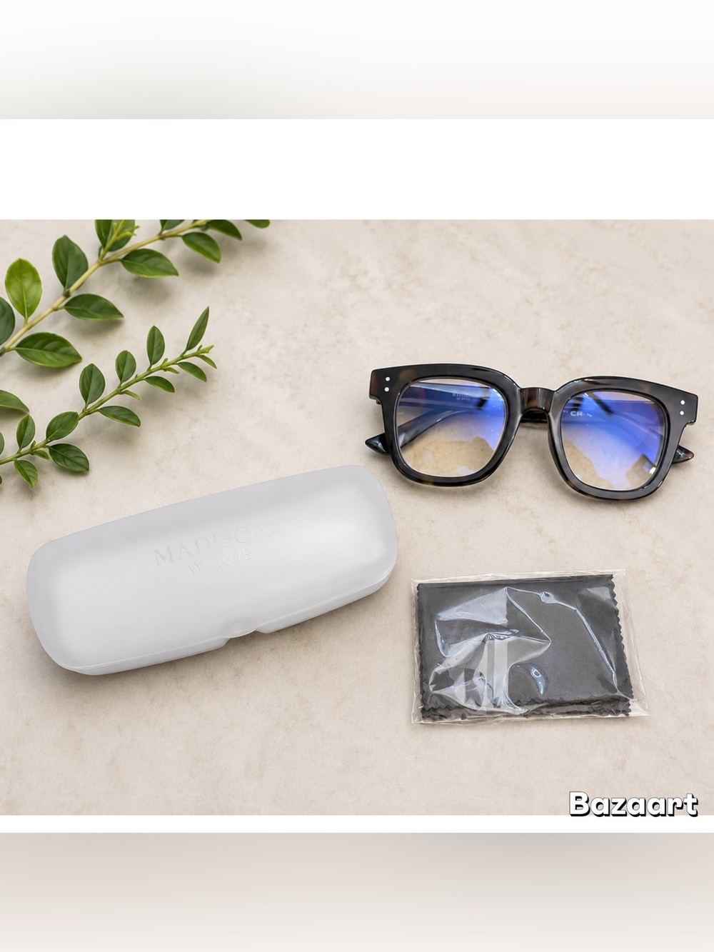 New Madison Avenue Oversized Black Thick Blue Blocker Glasses Case & Cloth